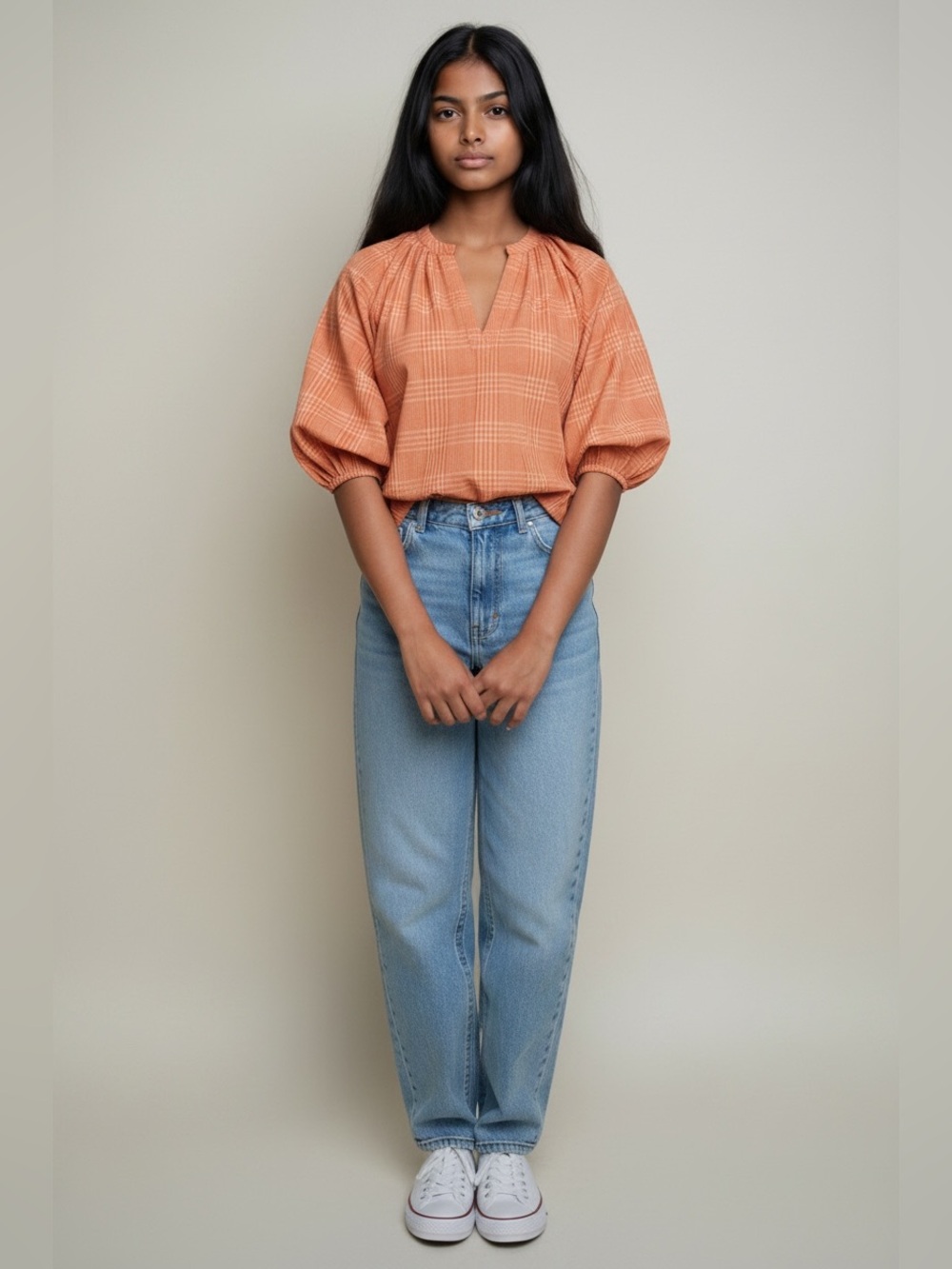 a new day Peach Plaid V-Neck Puff Sleeve Tunic